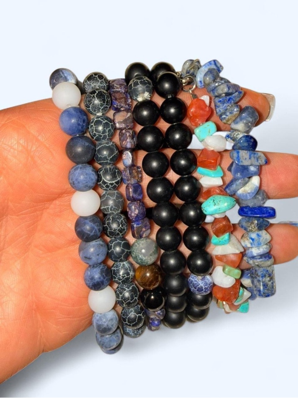 Handcrafted Multi-Stone Stretch Bracelet Set - Blue, Black, Turquoise, Coral